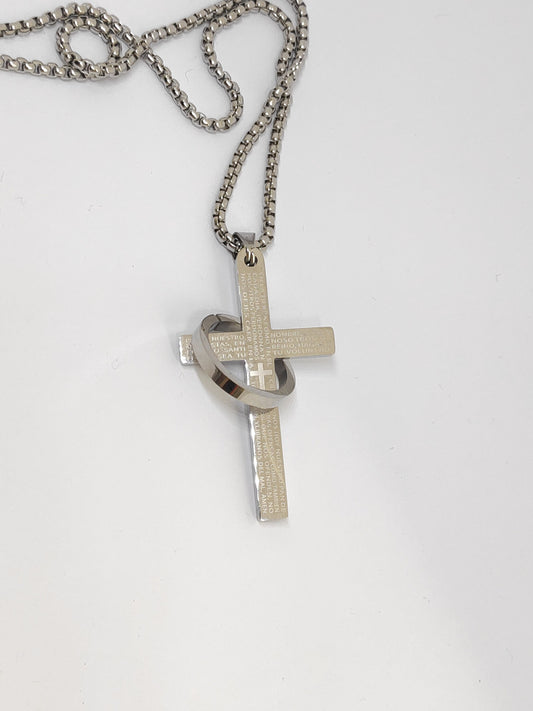 Christian Cross with circle Pendant Necklace men  silver colour stainless steel Religious pendant casual believer gift men accessories