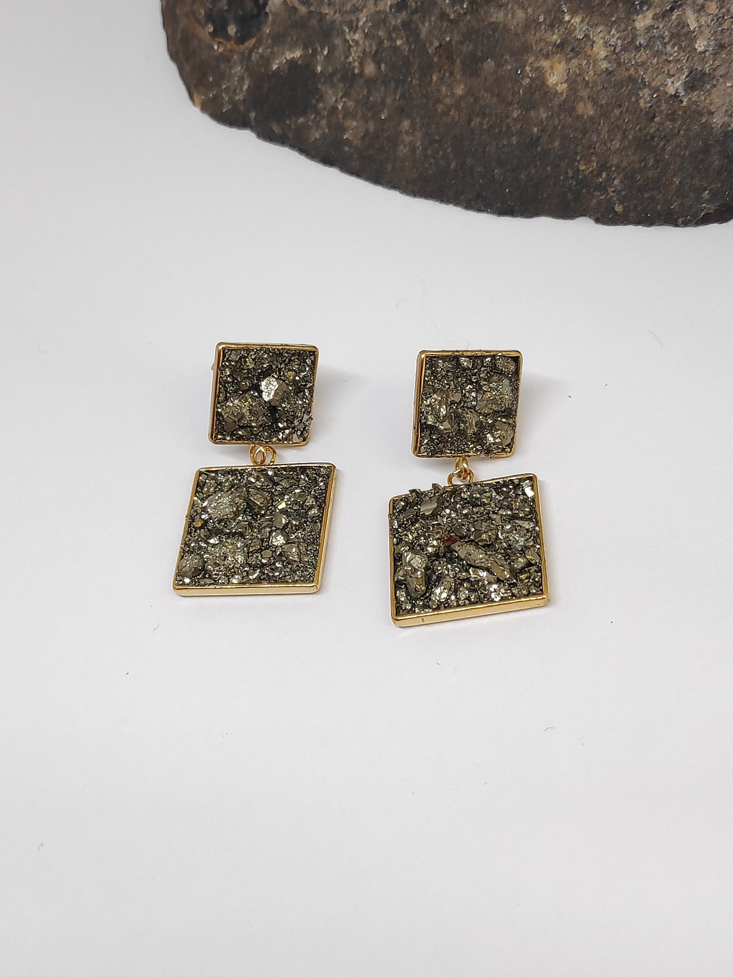 Raw Pyrite Square Studs Earrings, Healing earrings, raw Iron Pyrite earrings, handmade dainty earrings, wealth stone, gemstone