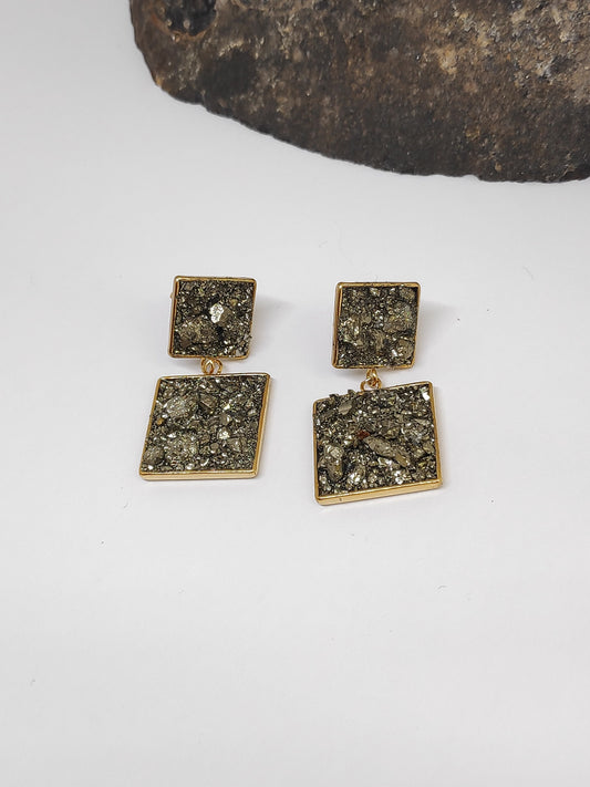 Raw Pyrite Square Studs Earrings, Healing earrings, raw Iron Pyrite earrings, handmade dainty earrings, wealth stone, gemstone