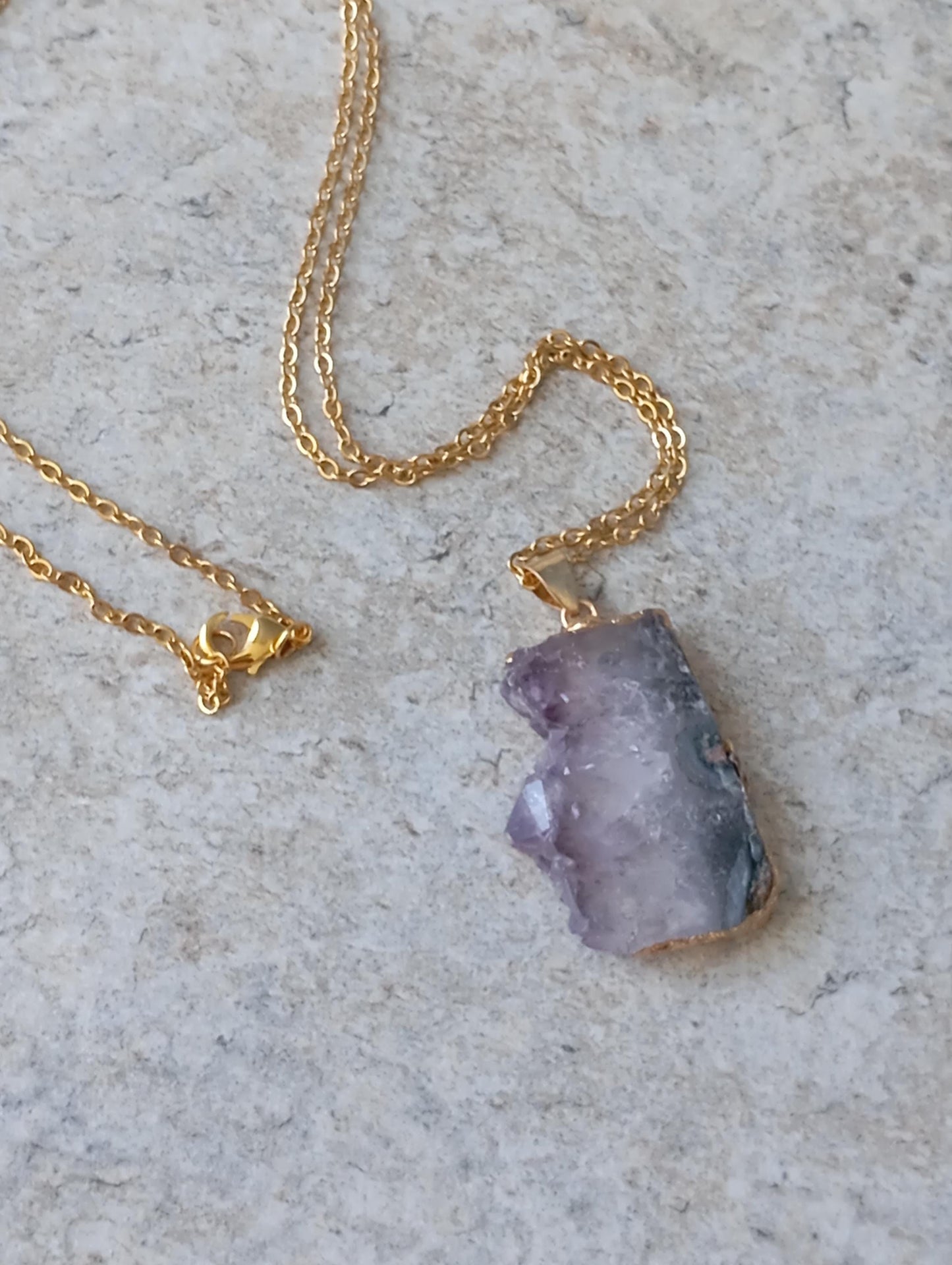 Raw Amethyst Slice gold edge crystal Pendant Necklace, Charm elegant gorgeous,bohemian protection Healing  Natural Gemstone,virgo birthstone