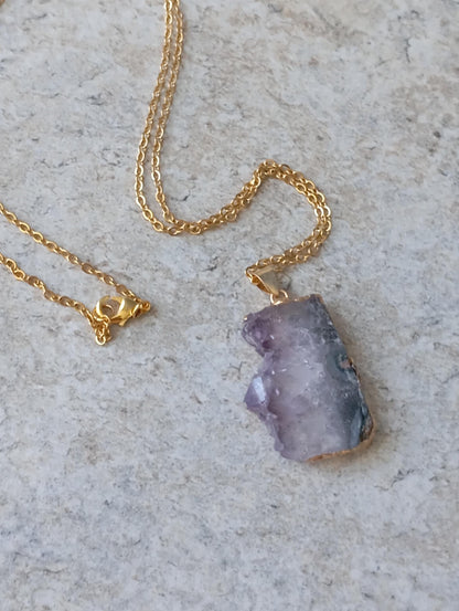 Raw Amethyst Slice gold edge crystal Pendant Necklace, Charm elegant gorgeous,bohemian protection Healing  Natural Gemstone,virgo birthstone