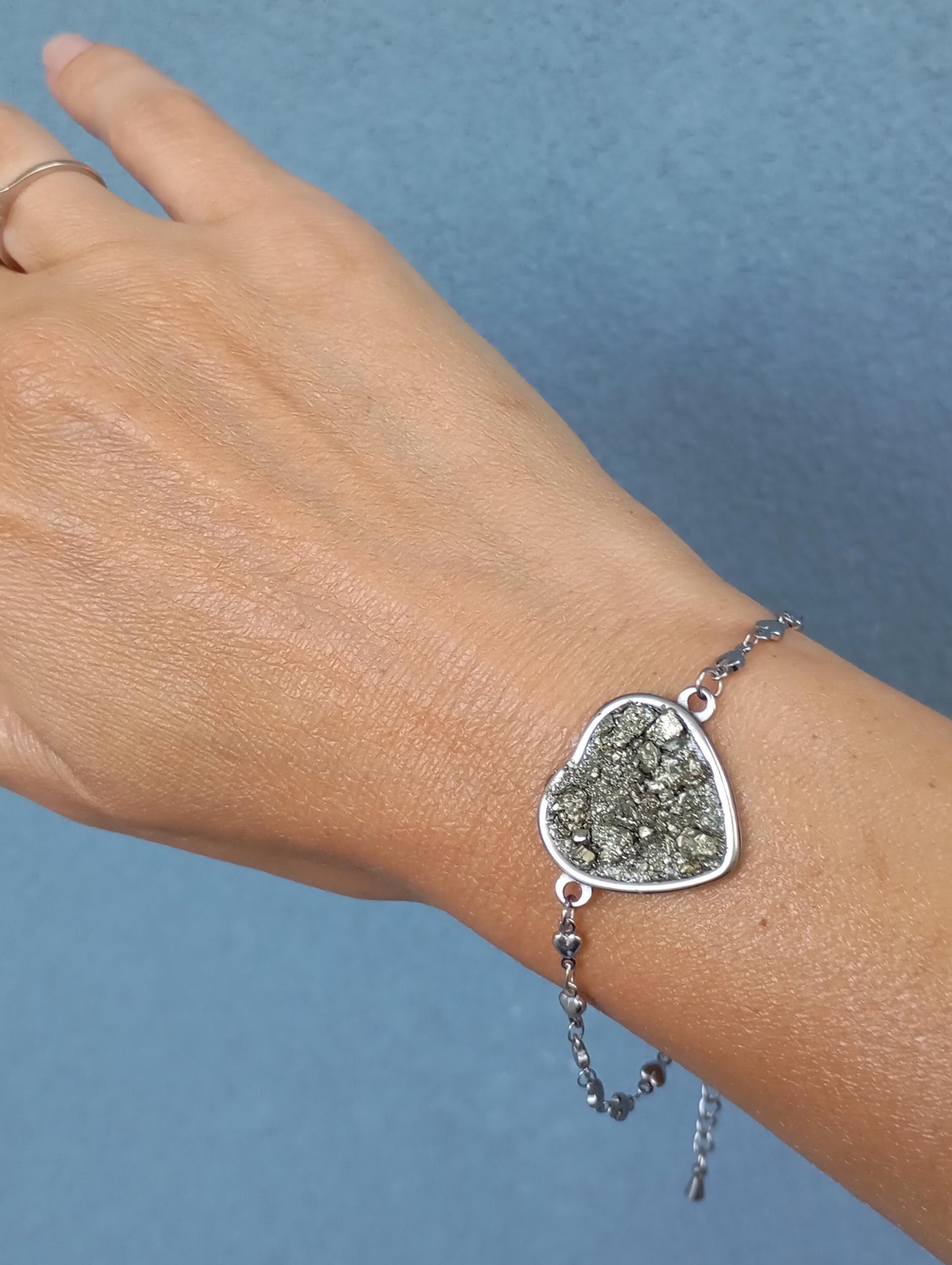 Heart cabochon with Raw Iron Pyrite Bracelet, Stone for Wealth,natural gem, stainless steel bracelet  heart  links chain bracelet protection