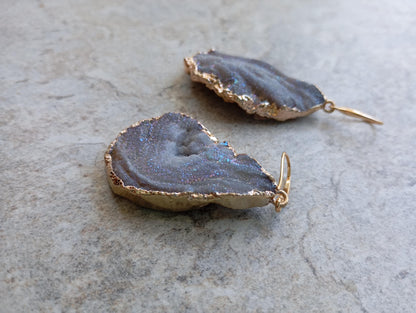 Drop Galaxy Sun Agate Druzy Dangle Earrings, handmade, protection healing, gorgeous elegant dainty charm feminine earrings, gemstone
