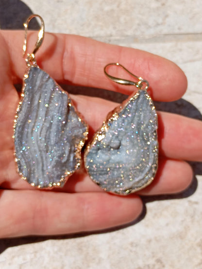 Drop Galaxy Sun Agate Druzy Dangle Earrings, handmade, protection healing, gorgeous elegant dainty charm feminine earrings, gemstone