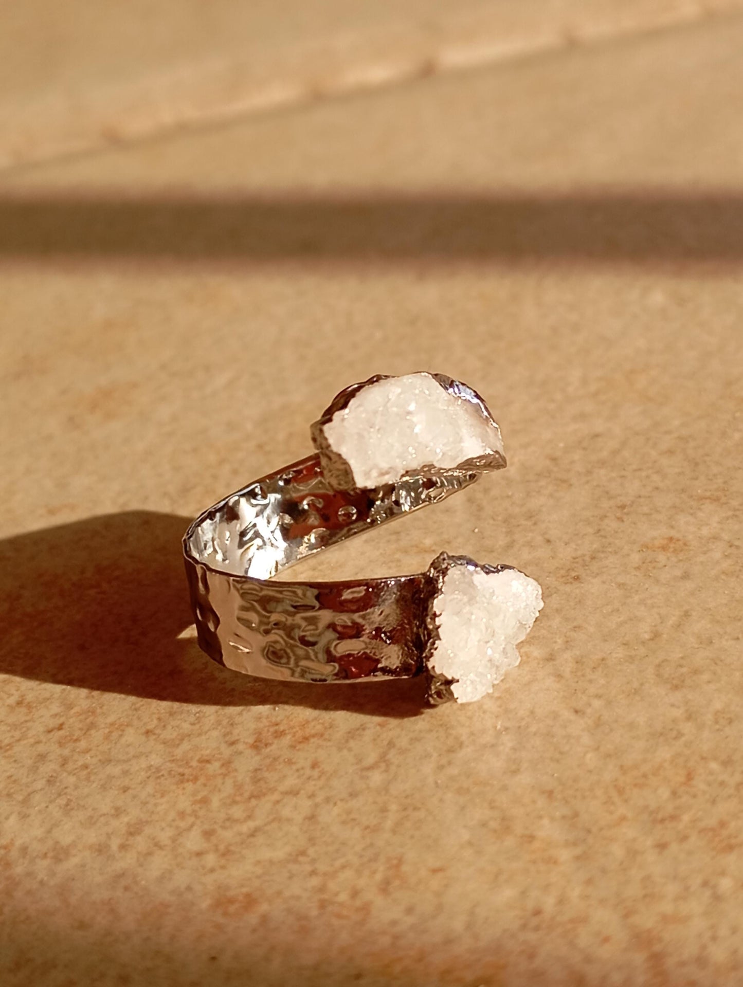 Raw white quartz druzy crystals adjustable finger ring, gemstone, zodiac, bohemian fashion dainty elegant protection stone, wedding, party