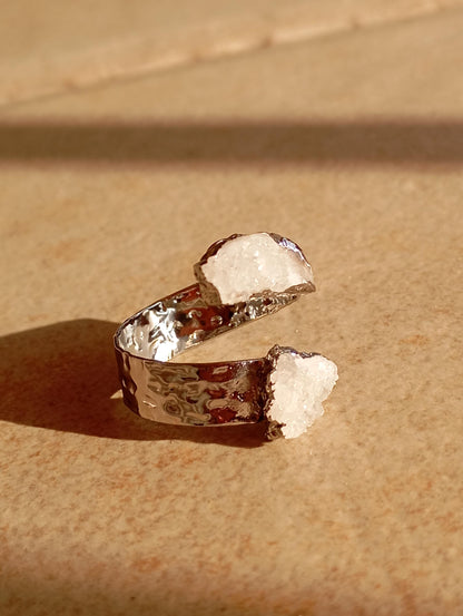 Raw white quartz druzy crystals adjustable finger ring, gemstone, zodiac, bohemian fashion dainty elegant protection stone, wedding, party