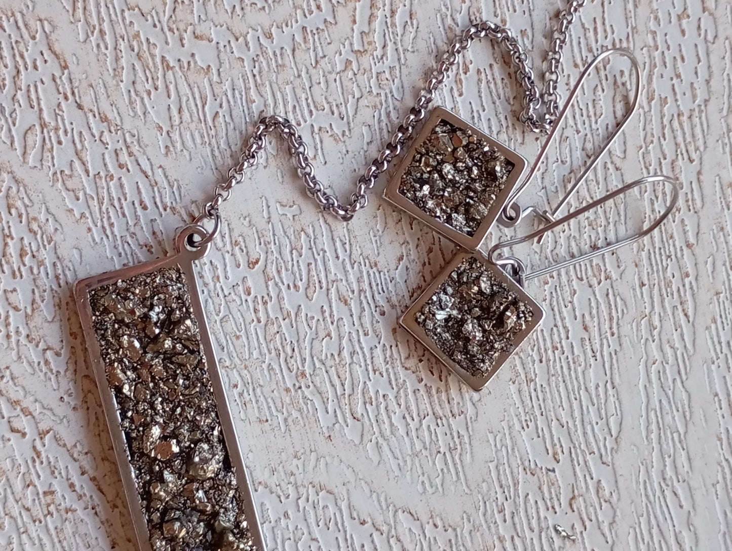 Raw Pyrite rectangular Pendant Chain Necklace, Wealth stone,Natural Gemstone, Handmade gorgeous dainty bohemian Protection healing stone