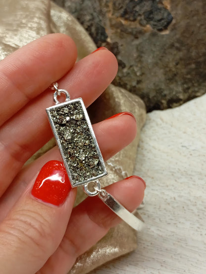 Raw Pyrite rectangular cabochon Bracelet, Wealth Stone, stainless steel gemstone bracelet women, protection healing mascot, handmade