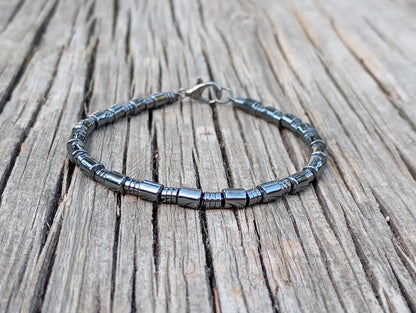 Hematite tubes bracelet men, beaded bracelet, natural Gemstone, Healing, Energy, Grounding, Protection fashion trend, gift for man