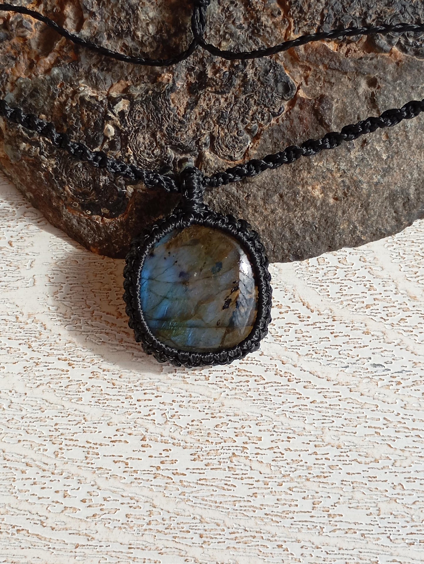 Labradorite square cabochon Pendant Necklace, handmade Macrame knotted, Natural Gemstone,Protection Healing Crystal, throat,third eye chakra