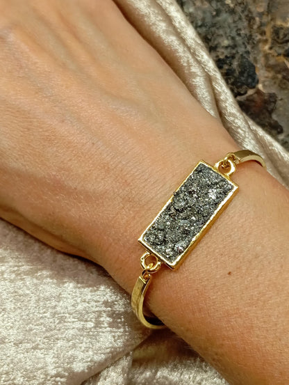 Raw Pyrite rectangular cabochon Bracelet, Wealth Stone, stainless steel gemstone bracelet women, protection healing mascot, handmade