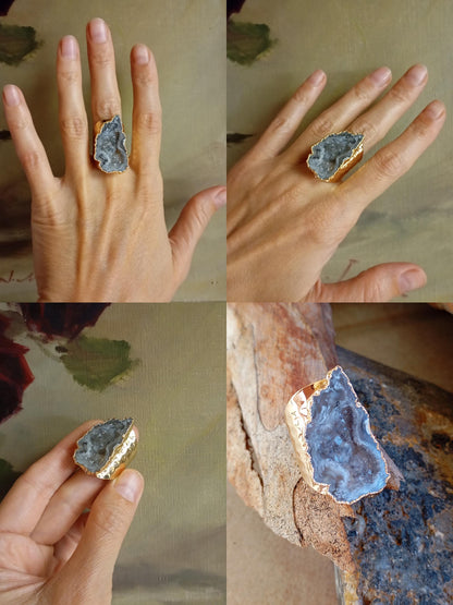 Raw Lace agate geode adjustable finger ring, antique, bohemian healing, protection, natural gemstone, fashion dainty elegant gift for women