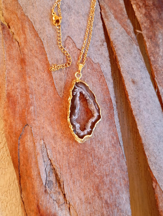 Lace Agate Black with white Druzy Geode slice Pendant Necklace Healing necklace, Bohemian Dainty Necklace for women Gemstone
