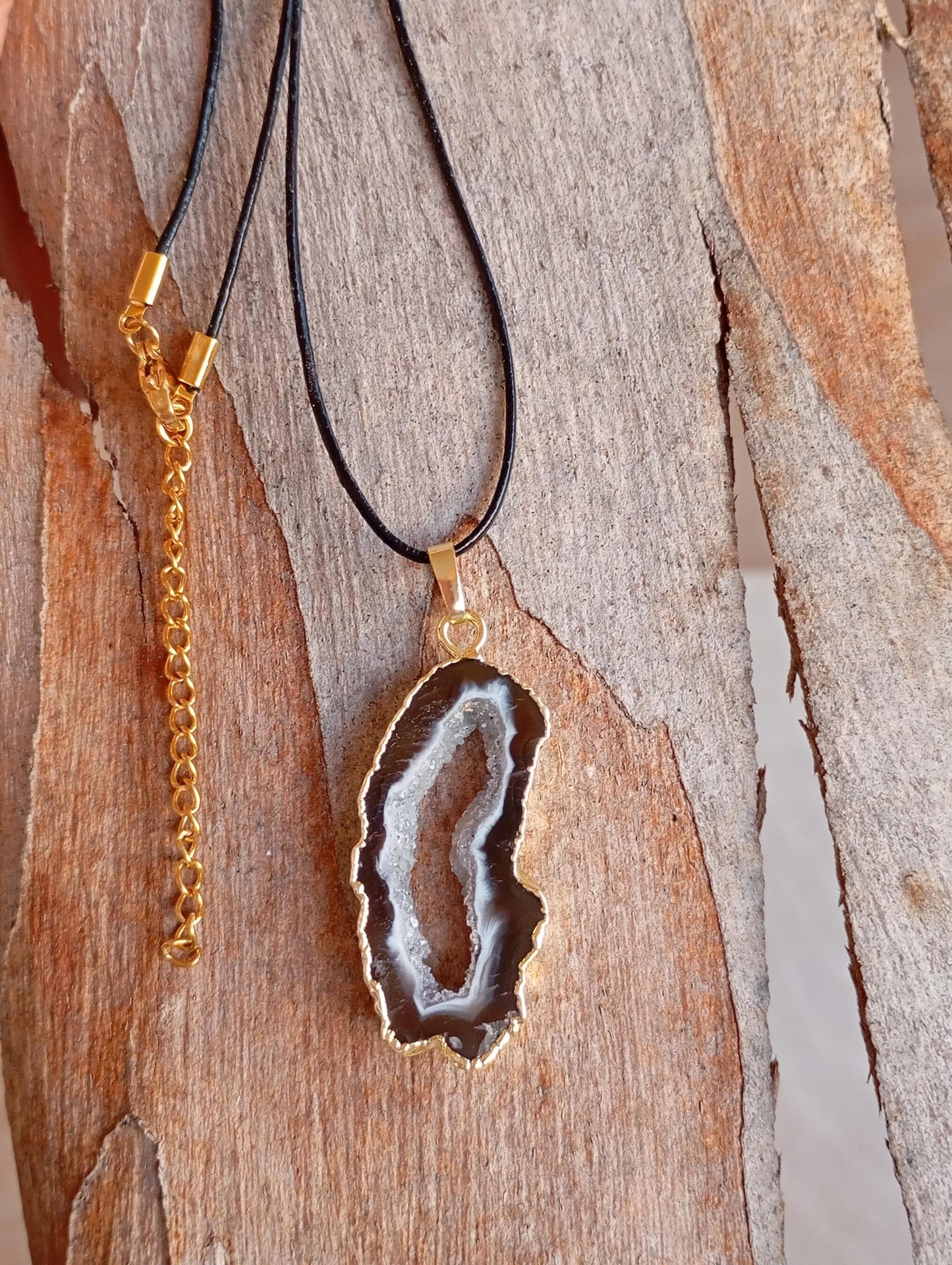 Lace Agate Black with white Druzy Geode slice Pendant Necklace Healing necklace, Bohemian Dainty Necklace for women Gemstone