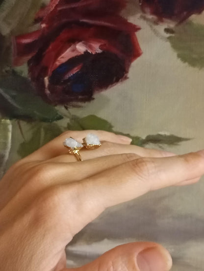 Raw white druzy quartz crystal, adjustable open  finger ring,  fashion dainty elegant women protection semiprecious stone, natural gemstone