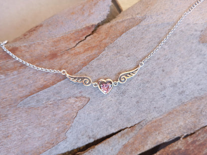 Purple Zircon Heart Angel Wings link chain Necklace, sterling silver, love charm trendy bohemian, gift for women