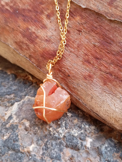 Raw Carnelian Healing Crystal Necklace, Wire Wrapped Stone, Gemstone Pendant Necklace For Women, Virgo Birthstone