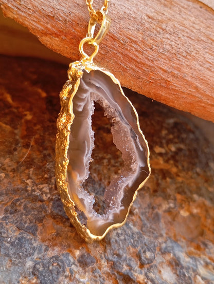 Lace Agate Black with white Druzy Geode slice Pendant Necklace Healing necklace, Bohemian Dainty Necklace for women Gemstone