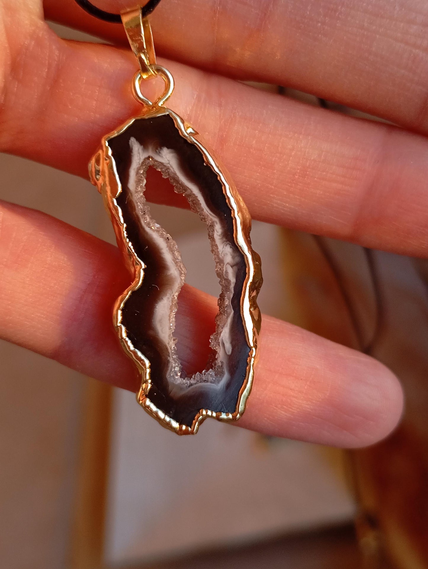 Lace Agate Black with white Druzy Geode slice Pendant Necklace Healing necklace, Bohemian Dainty Necklace for women Gemstone