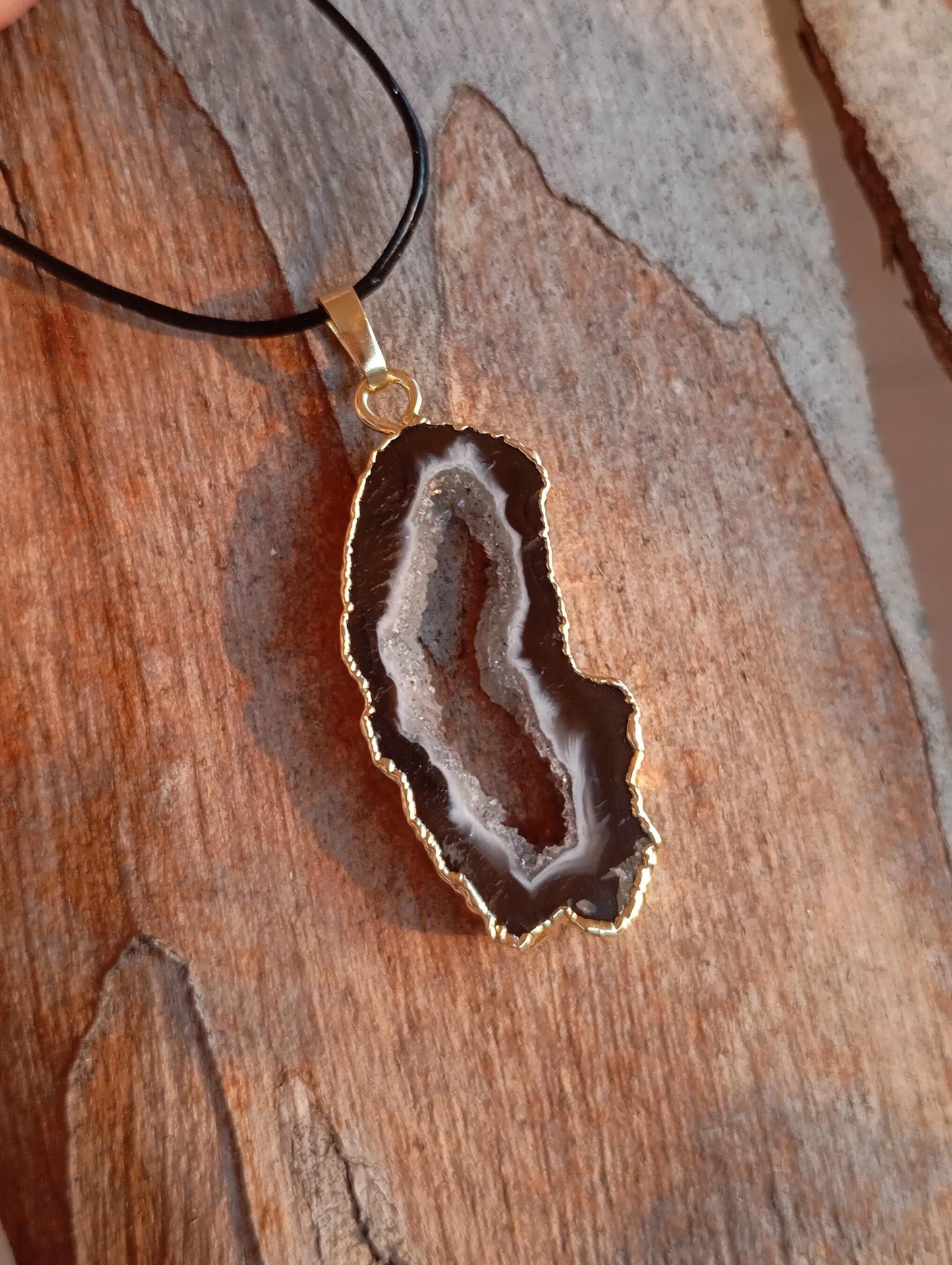 Lace Agate Black with white Druzy Geode slice Pendant Necklace Healing necklace, Bohemian Dainty Necklace for women Gemstone