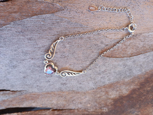 Purple Zircon Heart Angel Wings chain bracelet, sterling silver, love charm trendy  bohemian, gift for women