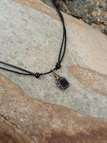Hematite Cube Pendant Necklace Handmade wire wrap, Grounding, Healing Protection stone, Gift for men