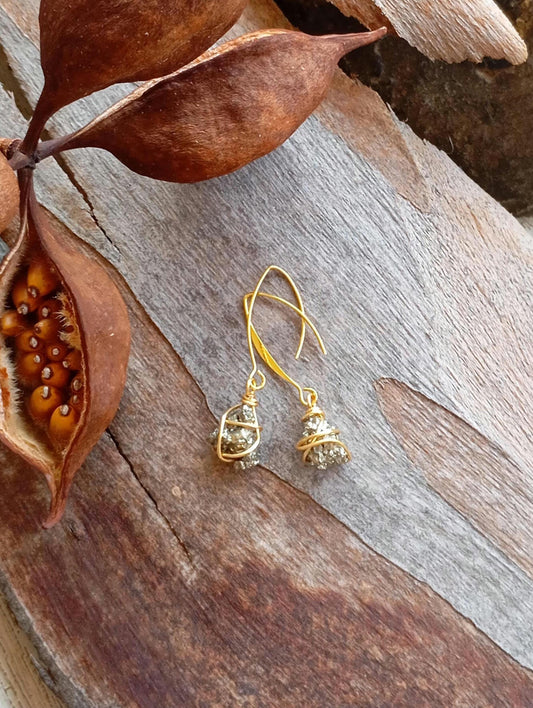Natural Iron Pyrite Earrings, stainless steel, gold plated Healing Protection long dangling Dainty Elegant Gemstone Earrings