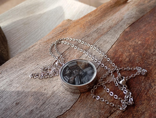 Raw Black Tourmaline in round glass locked Pendant Protection Necklace, Gemstone Healing crystal,bohemian charm  reiki, mascot