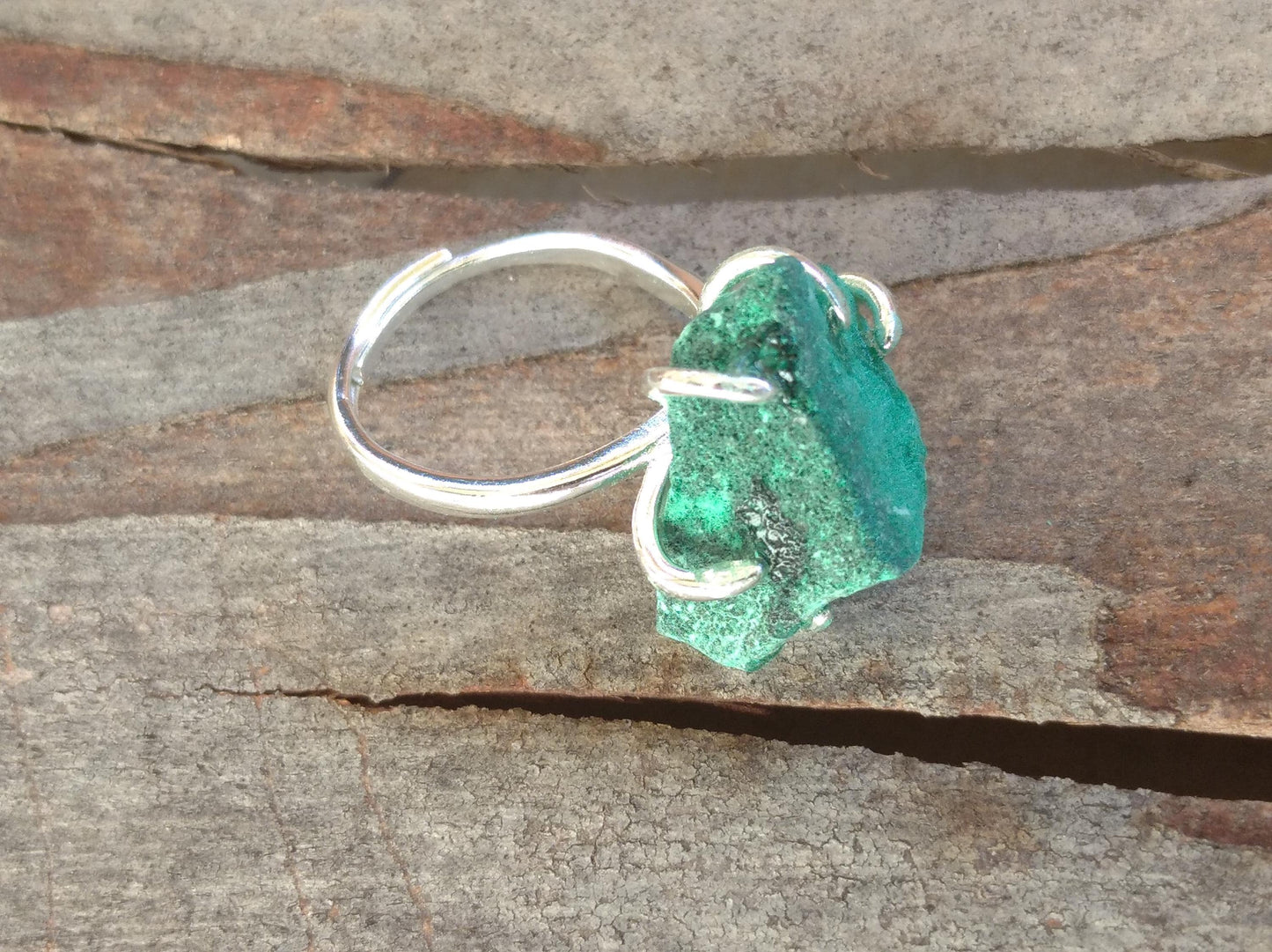 Adjustable open finger ring with Raw Green Malachite, natural gemstone, fashion dainty elegant women protection stone
