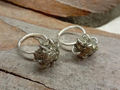 Sparkly Raw Pyrite ring adjustable  open finger stainless steel ring,attracts success wealth property crystal cluster ring, natural gemstone