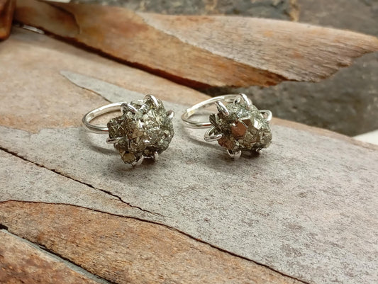Sparkly Raw Pyrite ring adjustable  open finger stainless steel ring,attracts success wealth property crystal cluster ring, natural gemstone