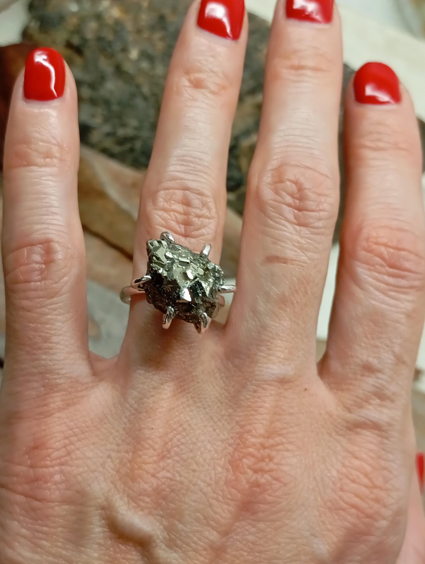 Sparkly Raw Pyrite ring adjustable  open finger stainless steel ring,attracts success wealth property crystal cluster ring, natural gemstone