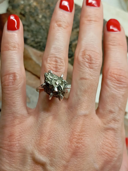 Sparkly Raw Pyrite ring adjustable  open finger stainless steel ring,attracts success wealth property crystal cluster ring, natural gemstone