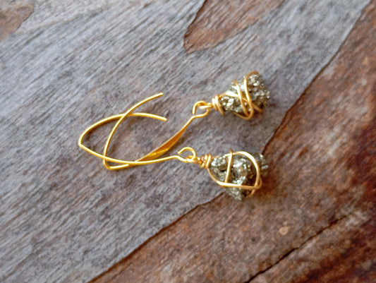 Natural Iron Pyrite Earrings, stainless steel, gold plated Healing Protection long dangling Dainty Elegant Gemstone Earrings