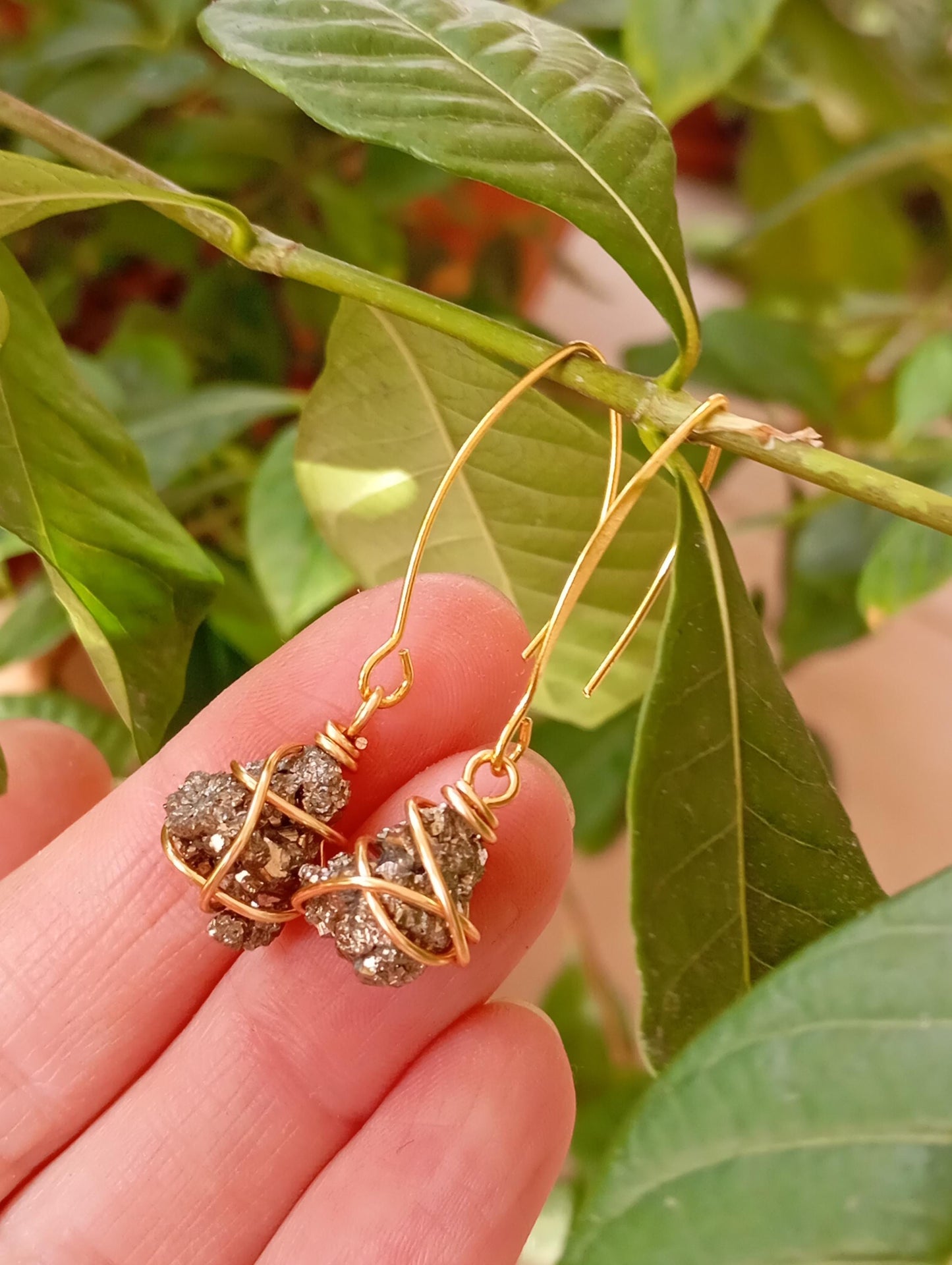 Natural Iron Pyrite Earrings, stainless steel, gold plated Healing Protection long dangling Dainty Elegant Gemstone Earrings