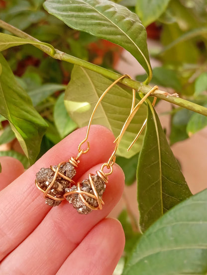 Natural Iron Pyrite Earrings, stainless steel, gold plated Healing Protection long dangling Dainty Elegant Gemstone Earrings