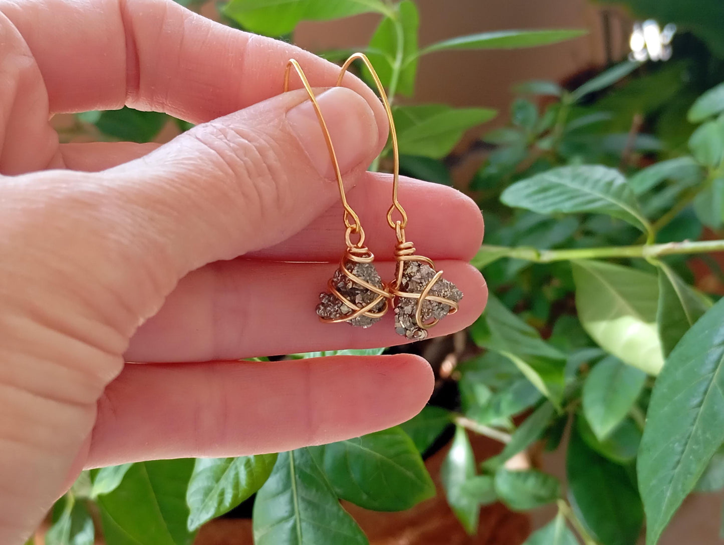 Natural Iron Pyrite Earrings, stainless steel, gold plated Healing Protection long dangling Dainty Elegant Gemstone Earrings