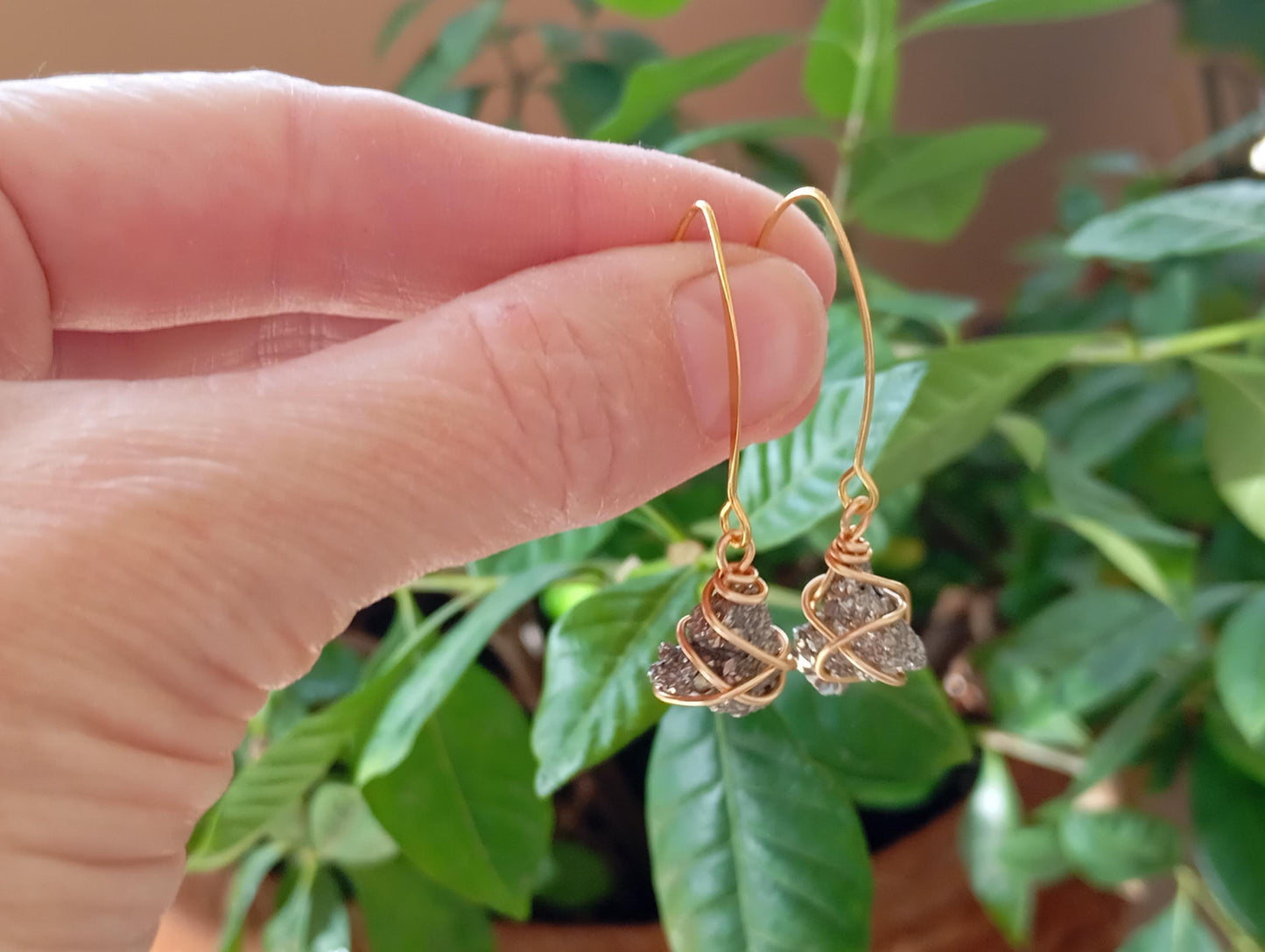 Natural Iron Pyrite Earrings, stainless steel, gold plated Healing Protection long dangling Dainty Elegant Gemstone Earrings