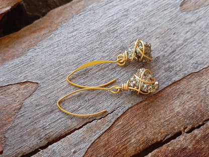 Natural Iron Pyrite Earrings, stainless steel, gold plated Healing Protection long dangling Dainty Elegant Gemstone Earrings