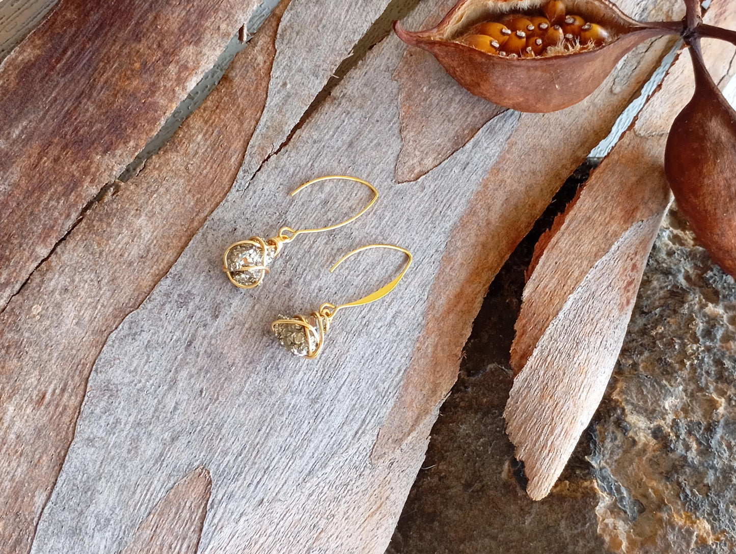Natural Iron Pyrite Earrings, stainless steel, gold plated Healing Protection long dangling Dainty Elegant Gemstone Earrings