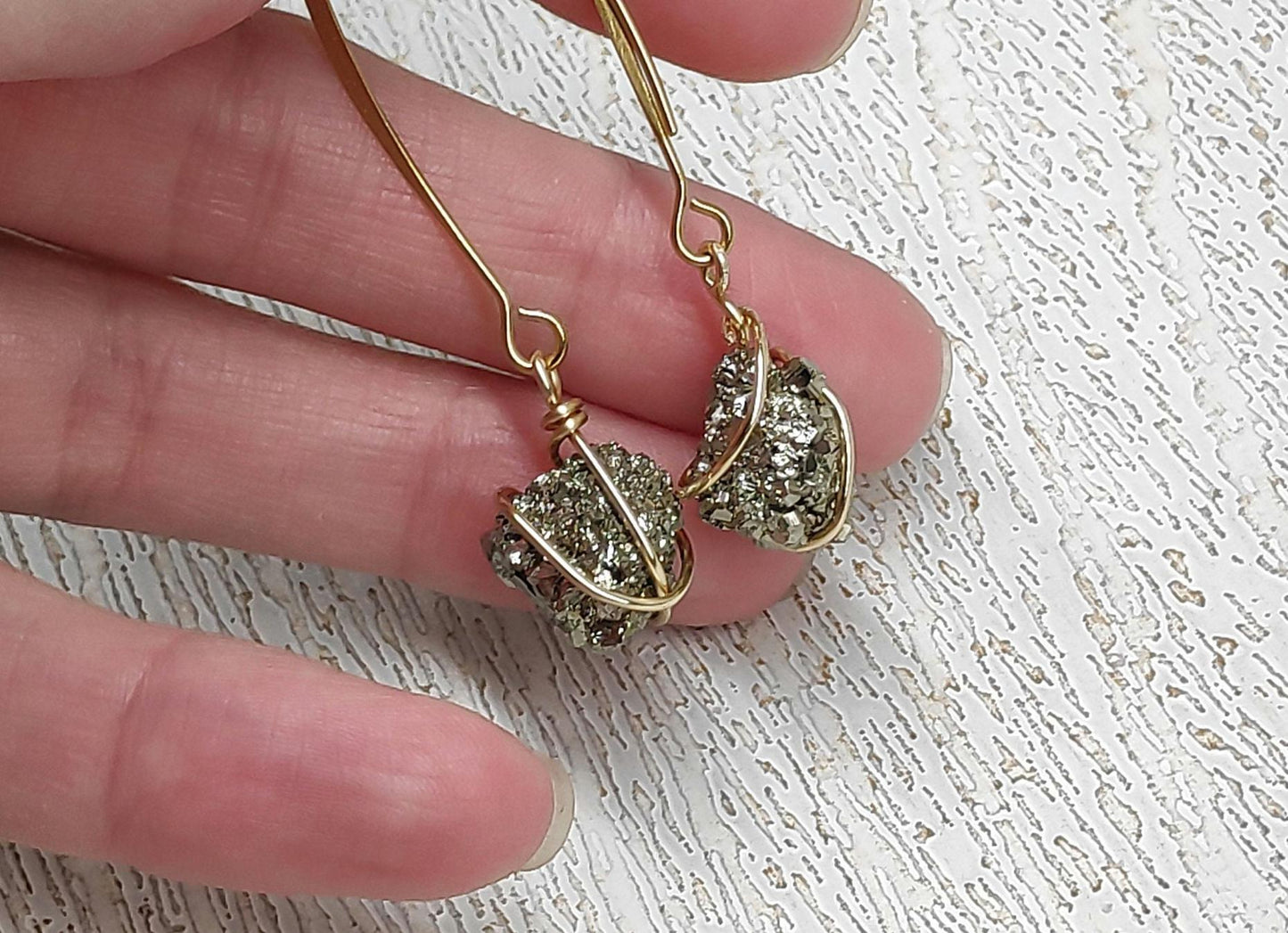 Natural Iron Pyrite Earrings, stainless steel, gold plated Healing Protection long dangling Dainty Elegant Gemstone Earrings
