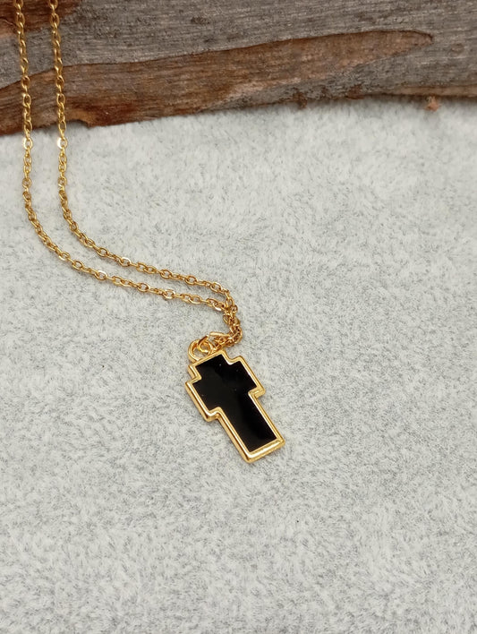 Black Enamel Cross in silver or gold pendant, chain or black cord Adjustable Necklace, gift for believer, Christian cross catholic cross
