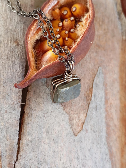 Natural Raw Pyrite Cube Pendant Necklace man or unisex, Wire Wrapped crystal Pendant, handmade, wealth stone