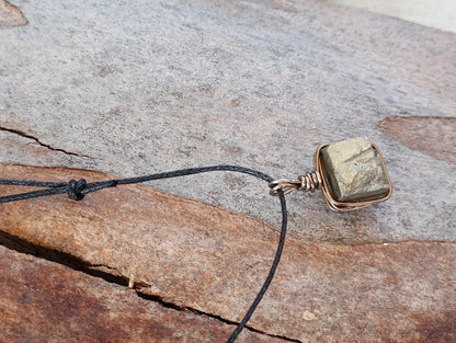 Natural Raw Pyrite Cube Pendant Necklace man or unisex, Wire Wrapped crystal Pendant, handmade, wealth stone