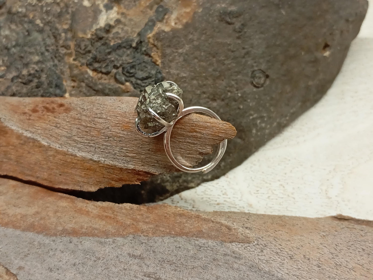 Sparkly Raw Pyrite ring adjustable  open finger stainless steel ring,attracts success wealth property crystal cluster ring, natural gemstone