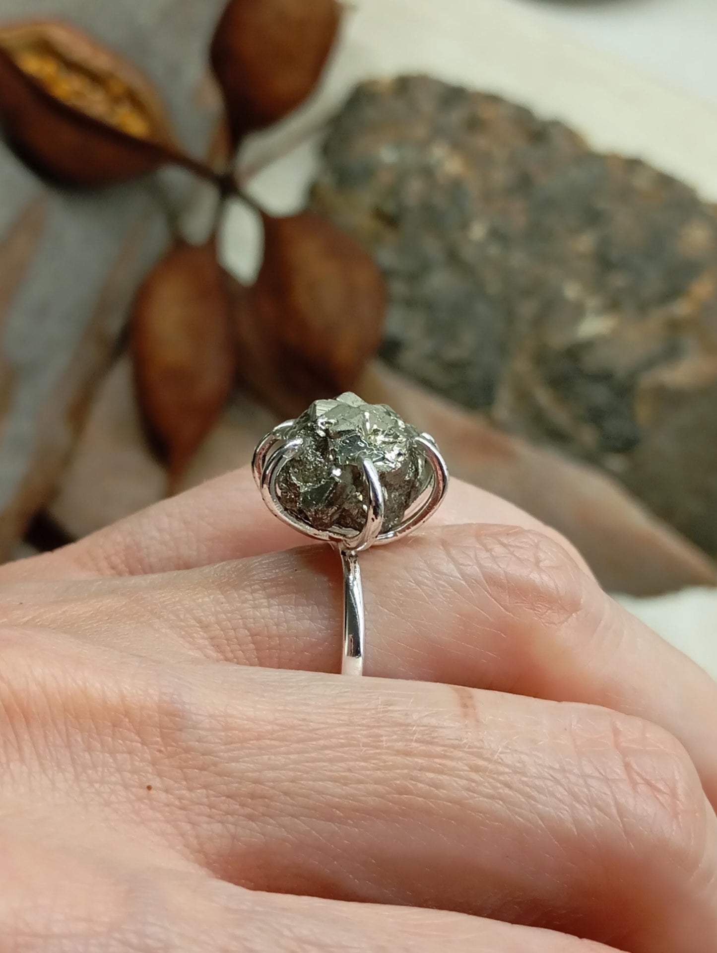 Sparkly Raw Pyrite ring adjustable  open finger stainless steel ring,attracts success wealth property crystal cluster ring, natural gemstone