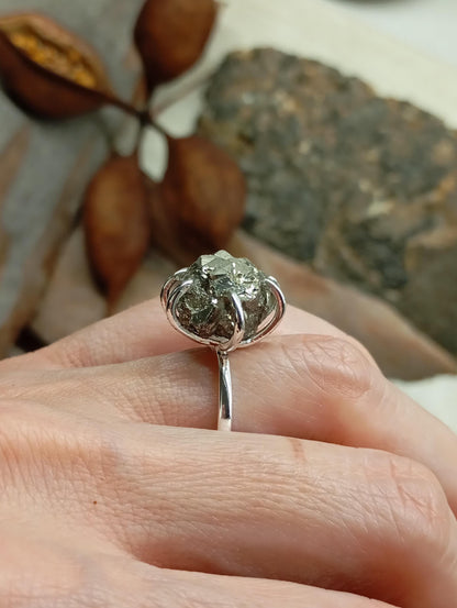 Sparkly Raw Pyrite ring adjustable  open finger stainless steel ring,attracts success wealth property crystal cluster ring, natural gemstone