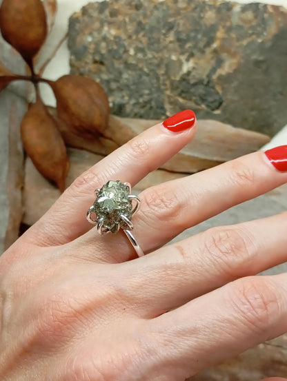 Sparkly Raw Pyrite ring adjustable  open finger stainless steel ring,attracts success wealth property crystal cluster ring, natural gemstone