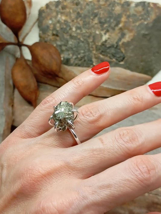Sparkly Raw Pyrite ring adjustable  open finger stainless steel ring,attracts success wealth property crystal cluster ring, natural gemstone
