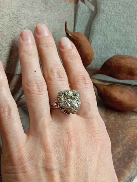 Big Sparkly Raw Pyrite ring adjustable  open finger stainless steel ring,attracts success wealth property crystal cluster ring, natural gem